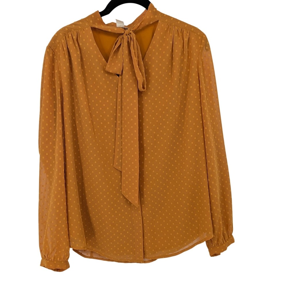 Chicos Blouse Women Medium Mustard Yellow Swiss Dot Tie Neck Long Sleeve Office
